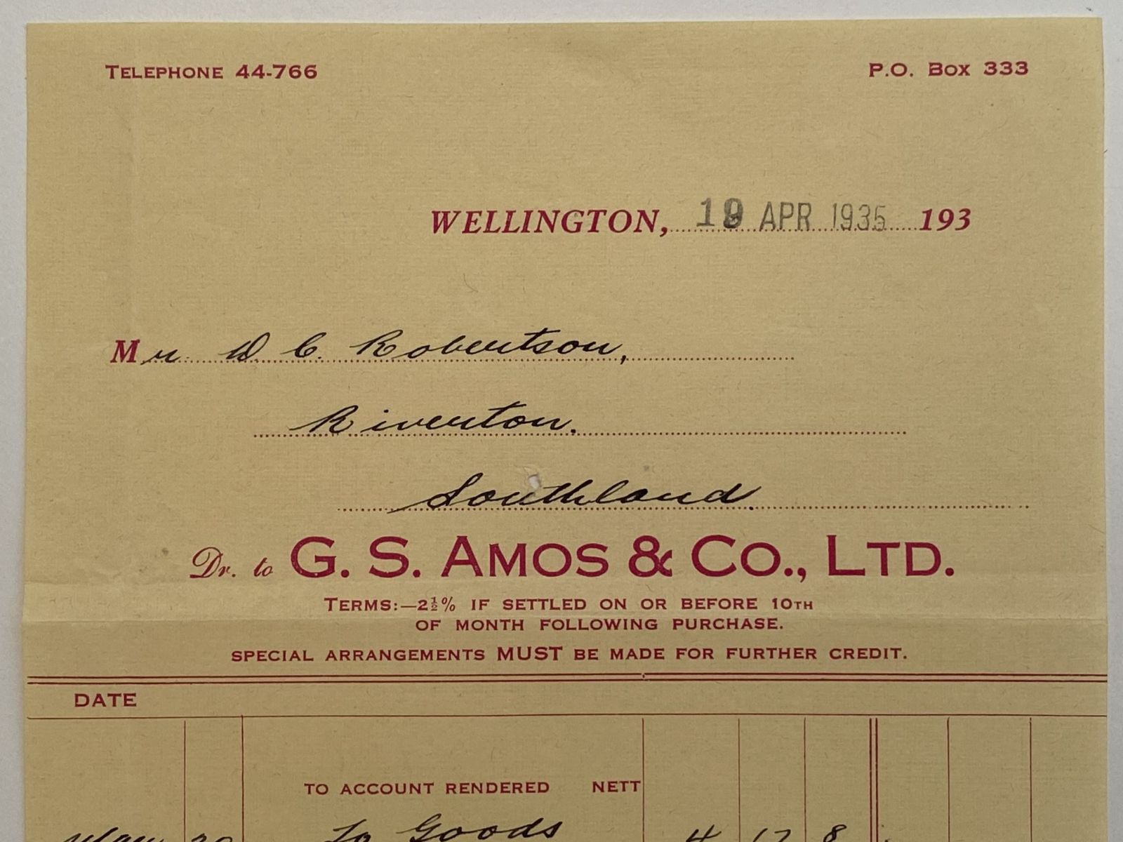 OLD INVOICE / RECEIPT: G. S. Amos & Co. Ltd, Wellington 1935