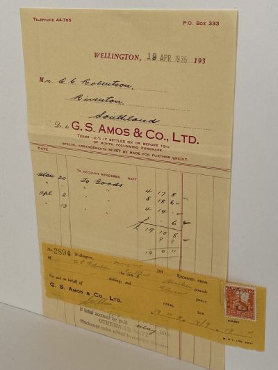 OLD INVOICE / RECEIPT: G. S. Amos & Co. Ltd, Wellington 1935