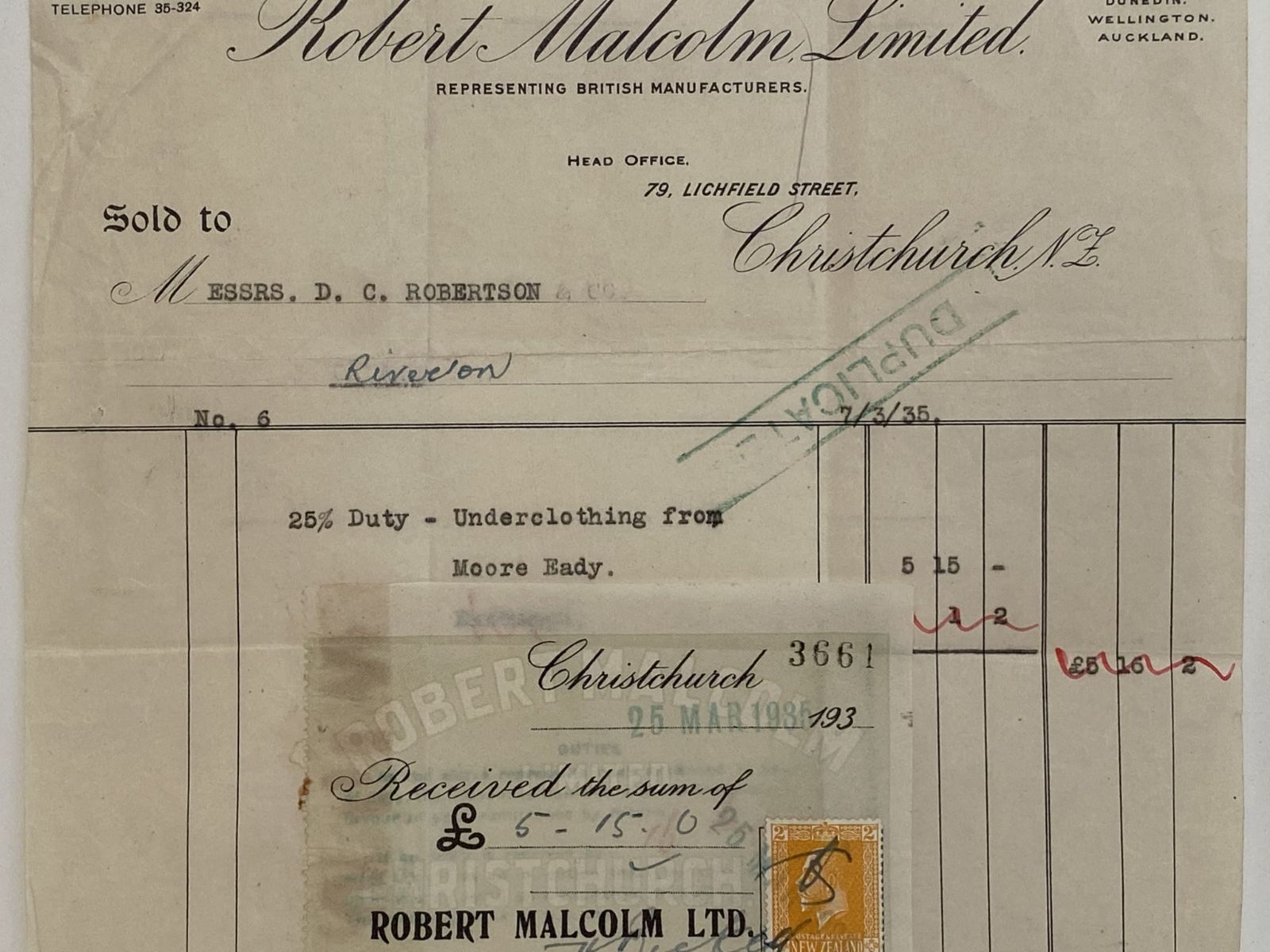 OLD INVOICE / RECEIPT: Robert Malcolm Ltd - Agents, Christchurch 1935