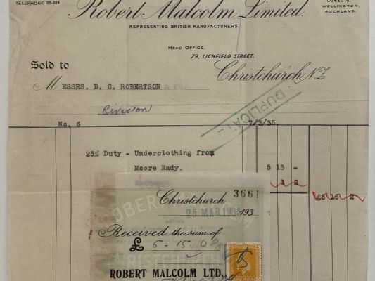 OLD INVOICE / RECEIPT: Robert Malcolm Ltd - Agents, Christchurch 1935 