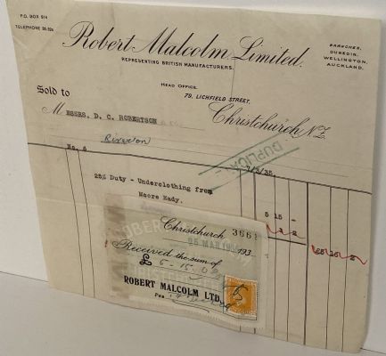 OLD INVOICE / RECEIPT: Robert Malcolm Ltd - Agents, Christchurch 1935