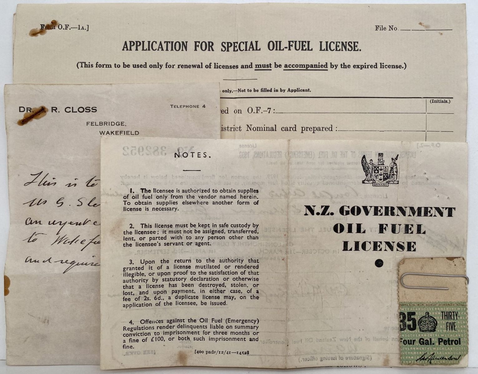 OLD DOCUMENT: NZ Government Application for special Oil-fuel License 1941
