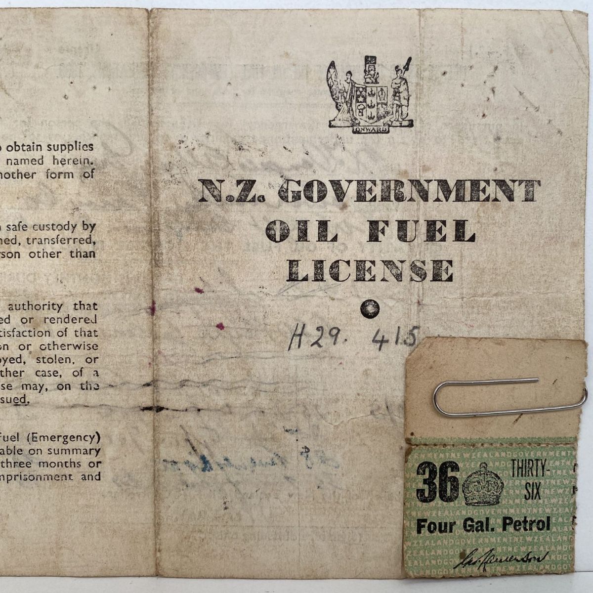 OLD DOCUMENT: NZ Government Oil Fuel License + coupon 1940