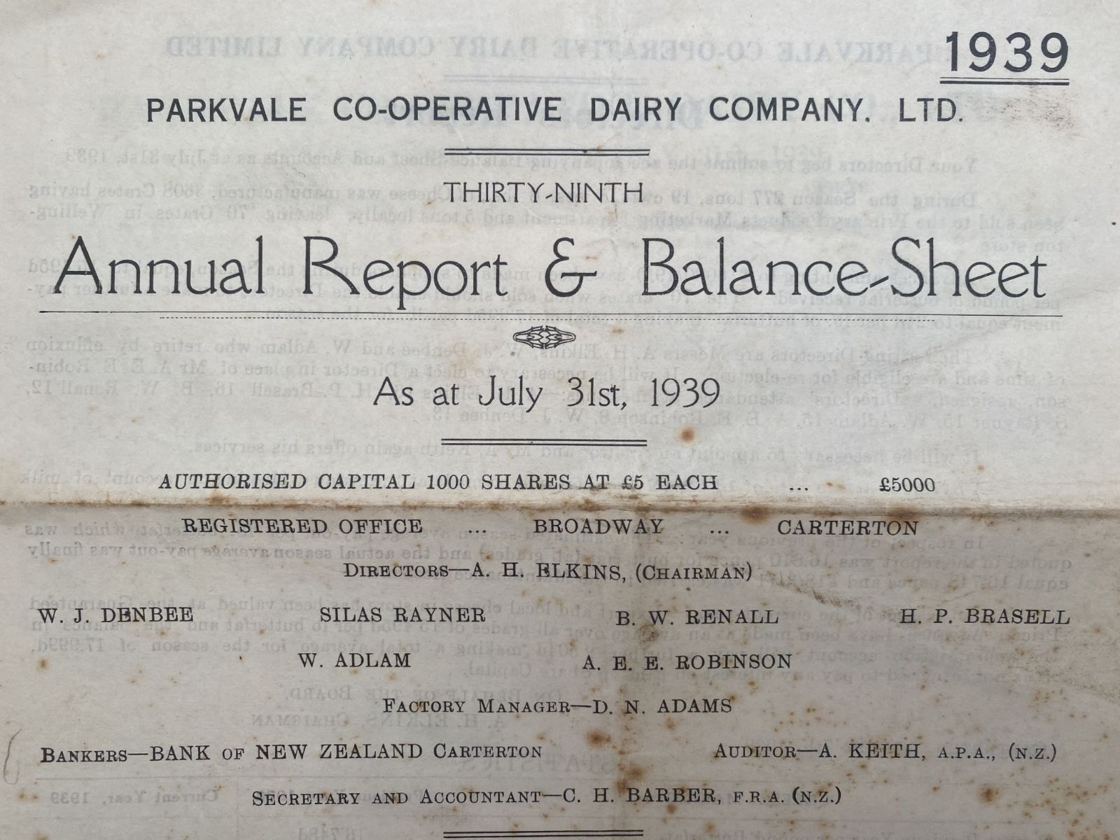 PARKVALE CO-OPERATIVE DAIRY CO. Ltd, Carterton - Annual Report 1939