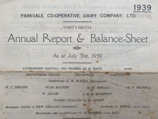 PARKVALE CO-OPERATIVE DAIRY CO. Ltd, Carterton - Annual Report 1939 