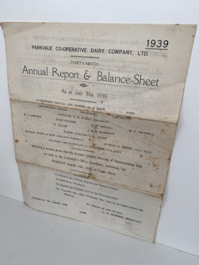 PARKVALE CO-OPERATIVE DAIRY CO. Ltd, Carterton - Annual Report 1939