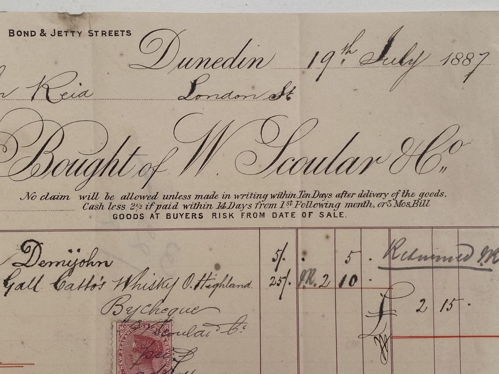 ANTIQUE INVOICE: W. Scoular & Co, Dunedin 1887 (135yo)