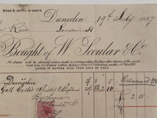 ANTIQUE INVOICE: W. Scoular & Co, Dunedin 1887 (135yo) 