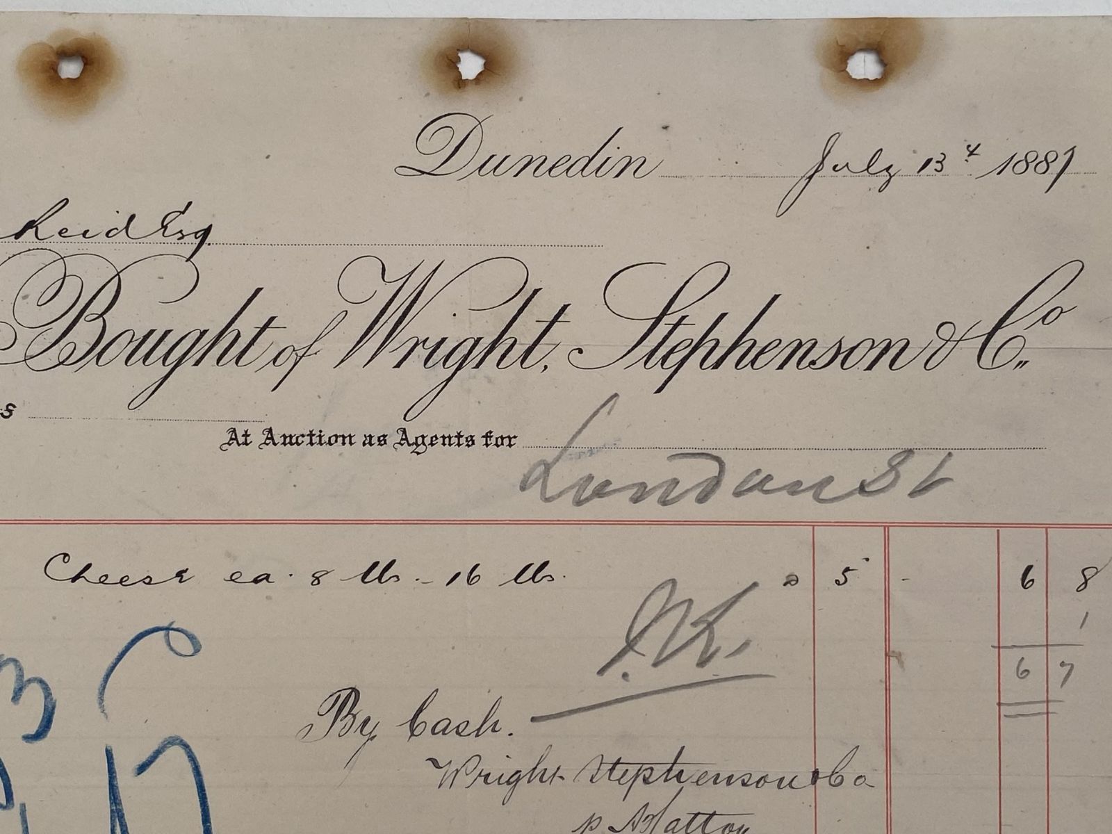 ANTIQUE INVOICE: Wright & Stephenson & Co, Dunedin - Auction Agents, 1887