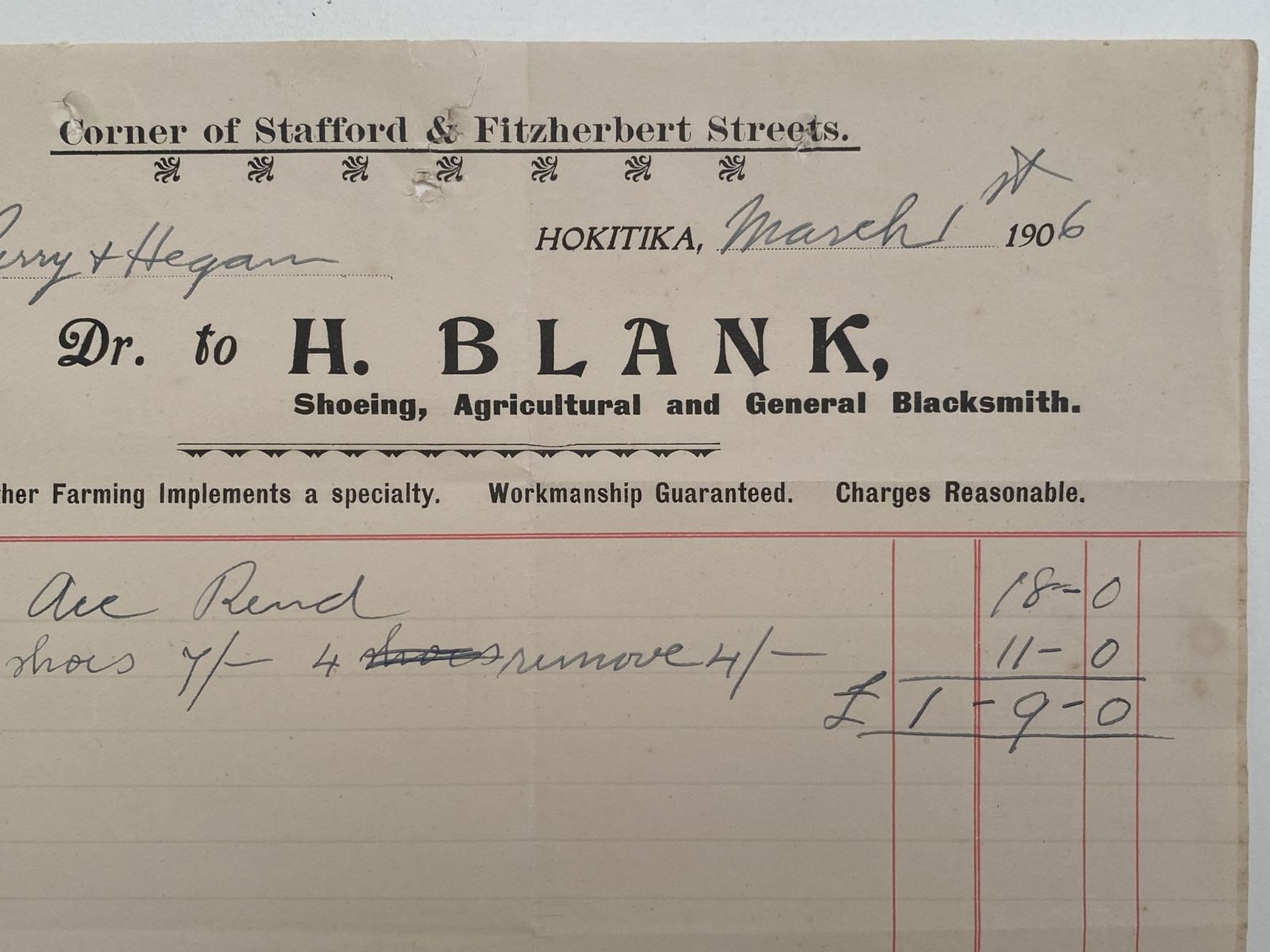 ANTIQUE INVOICE: H. Blank, Hokitika - Shoeing, Agricultural and Blacksmiths 1906