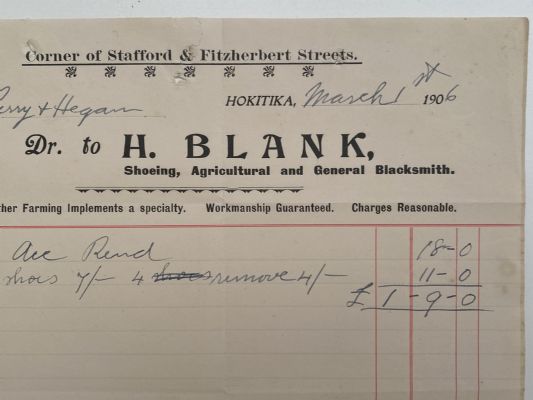 ANTIQUE INVOICE: H. Blank, Hokitika - Shoeing, Agricultural and Blacksmiths 1906 