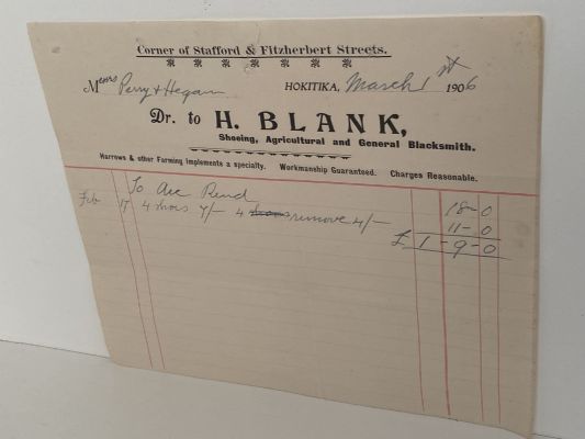 ANTIQUE INVOICE: H. Blank, Hokitika - Shoeing, Agricultural and Blacksmiths 1906
