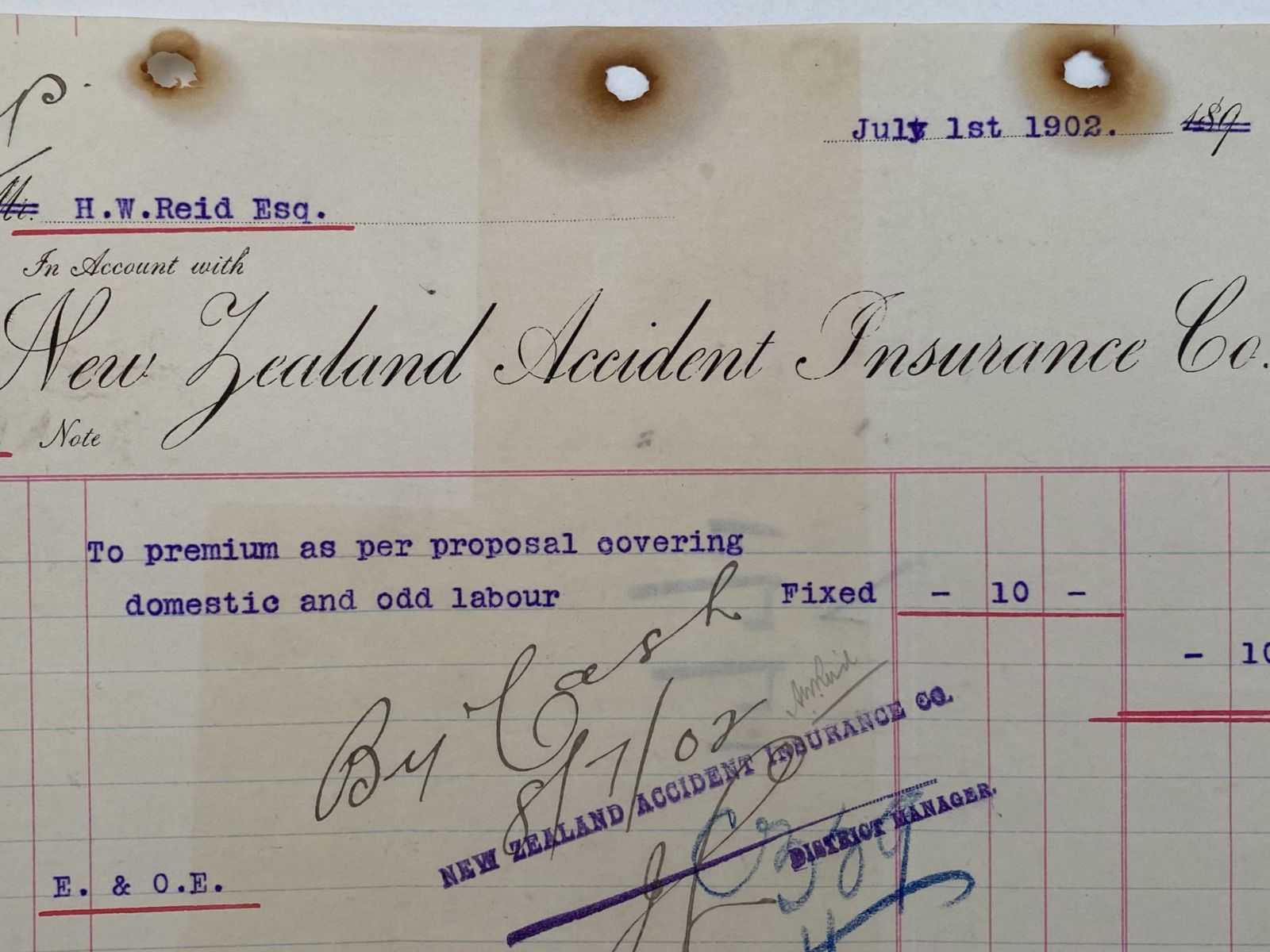 ANTIQUE INVOICE / RECEIPT: New Zealand Accident Insurance Co. 1902