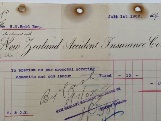 ANTIQUE INVOICE / RECEIPT: New Zealand Accident Insurance Co. 1902 