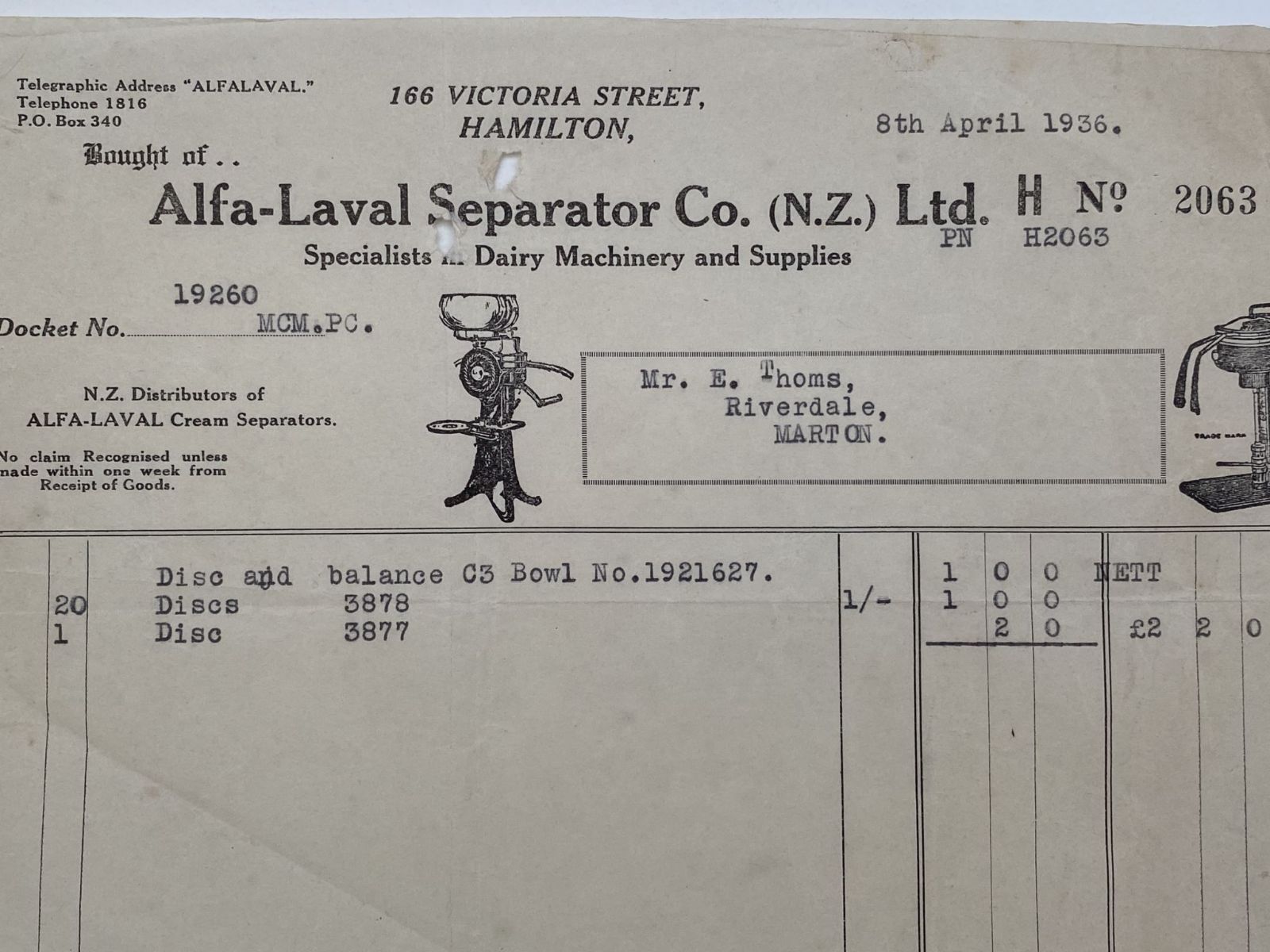 OLD INVOICE / RECEIPT: Alfa-Laval Separator Co, Hamilton - Dairy Machines 1936