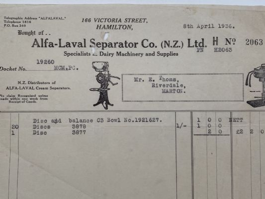 OLD INVOICE / RECEIPT: Alfa-Laval Separator Co, Hamilton - Dairy Machines 1936 