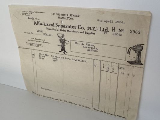OLD INVOICE / RECEIPT: Alfa-Laval Separator Co, Hamilton - Dairy Machines 1936