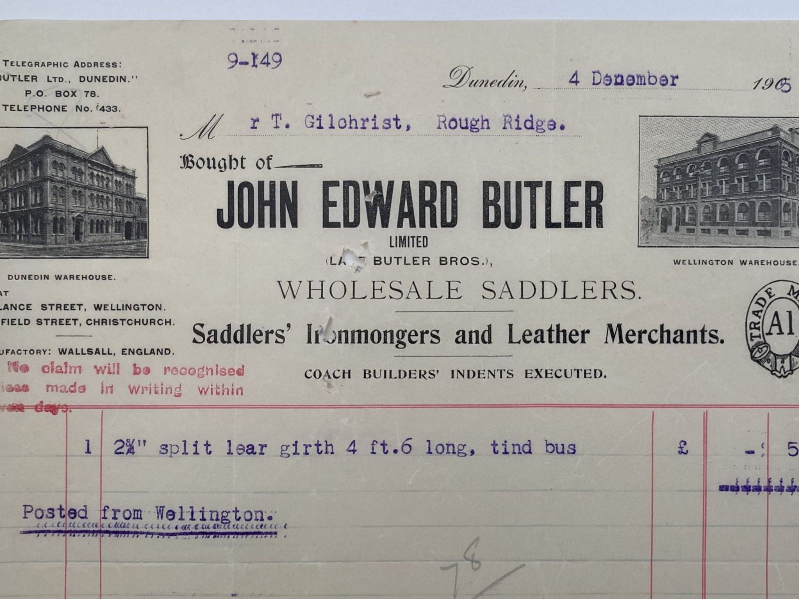ANTIQUE INVOICE / RECEIPT: John Edward Butler, Dunedin - Saddlers 1905