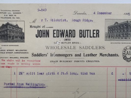 ANTIQUE INVOICE / RECEIPT: John Edward Butler, Dunedin - Saddlers 1905 