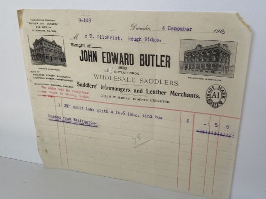 ANTIQUE INVOICE / RECEIPT: John Edward Butler, Dunedin - Saddlers 1905