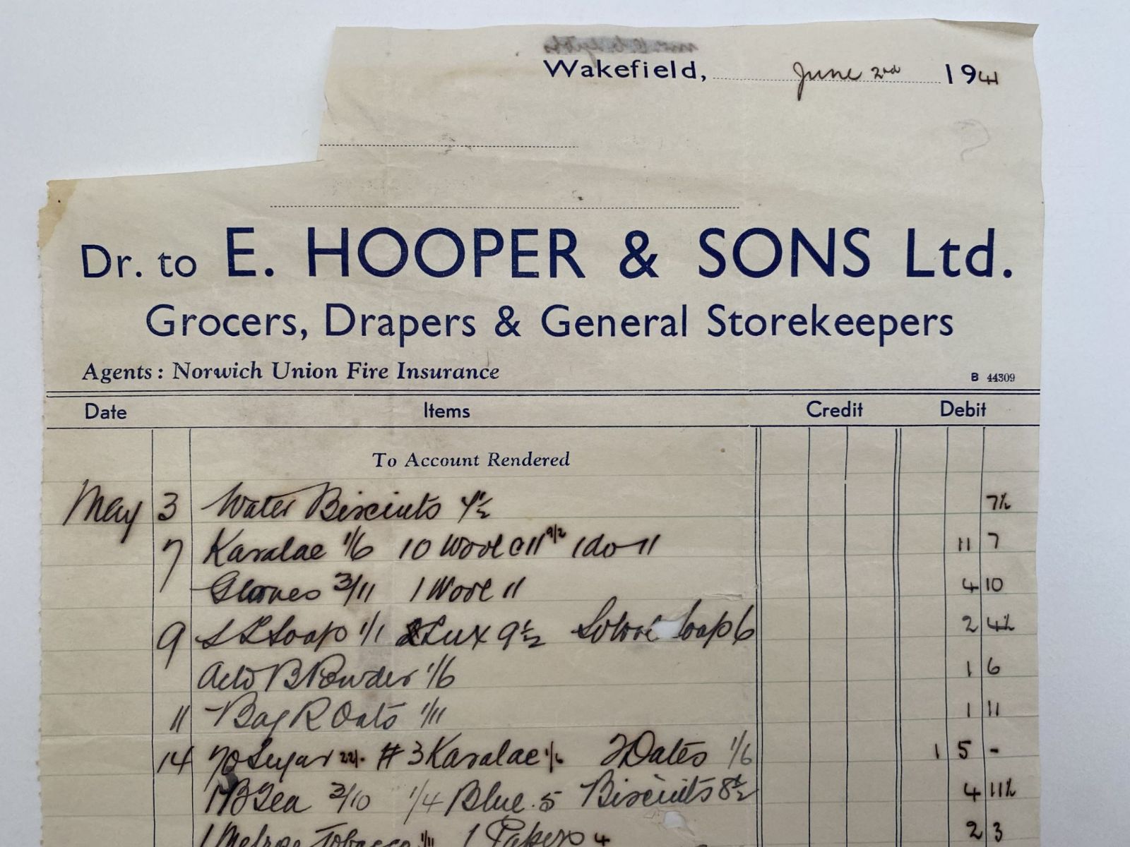 OLD INVOICE / RECEIPT: E. Hooper & Sons, Wakefield - Drapers 1941