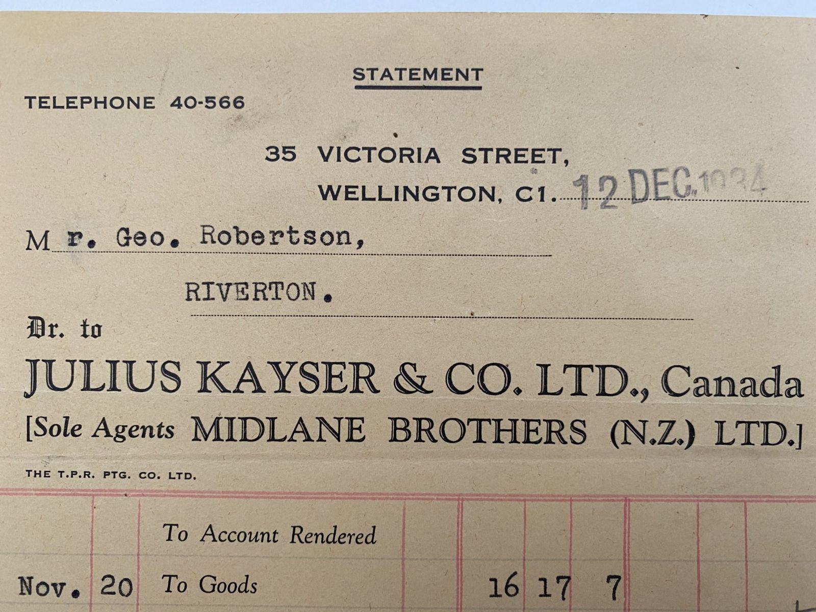 OLD INVOICE / RECEIPT: Julius Kayser & Co. Ltd, Wellington - Agents 1934