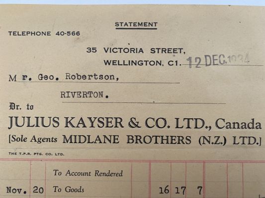 OLD INVOICE / RECEIPT: Julius Kayser & Co. Ltd, Wellington - Agents 1934 