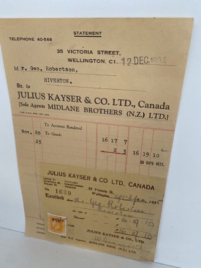 OLD INVOICE / RECEIPT: Julius Kayser & Co. Ltd, Wellington - Agents 1934