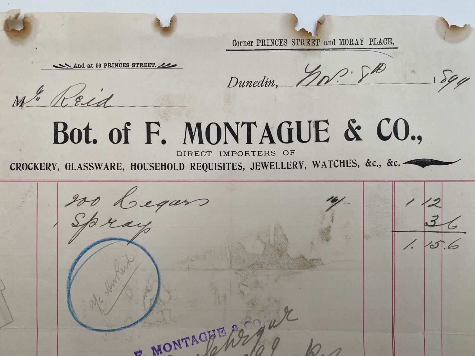 ANTIQUE INVOICE / RECEIPT: F. Montague & Co, Dunedin - Importers 1899