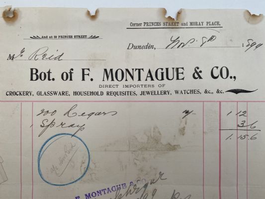 ANTIQUE INVOICE / RECEIPT: F. Montague & Co, Dunedin - Importers 1899 