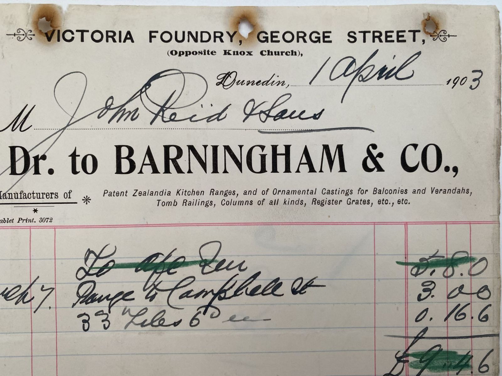 ANTIQUE INVOICE / RECEIPT: Barningham & Co, Dunedin - Manufacturers 1903