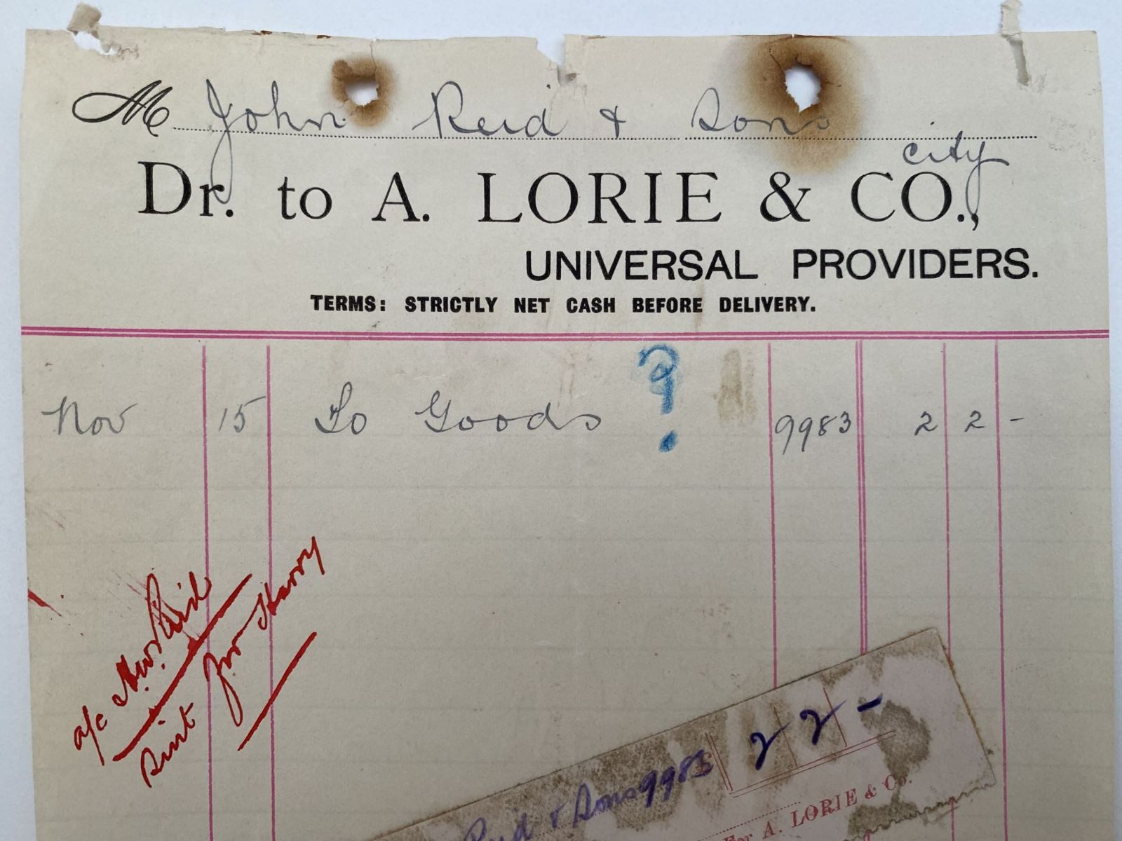 ANTIQUE INVOICE / RECEIPT: A. Lorie & Co - Universal Providers 1899