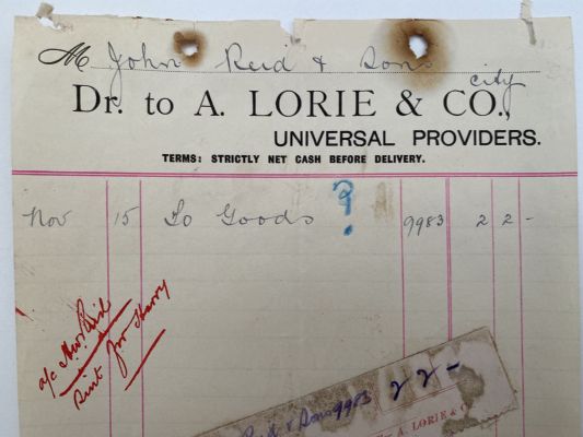 ANTIQUE INVOICE / RECEIPT: A. Lorie & Co - Universal Providers 1899 