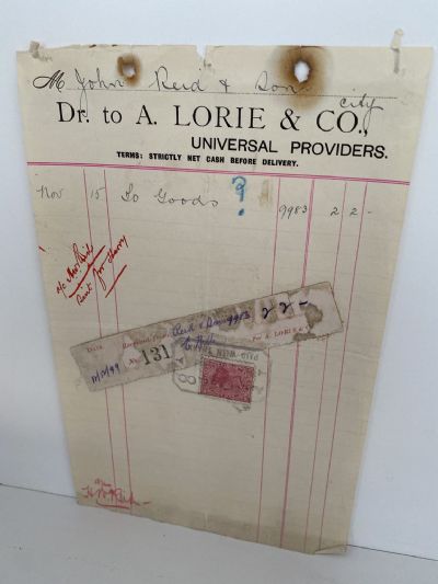 ANTIQUE INVOICE / RECEIPT: A. Lorie & Co - Universal Providers 1899