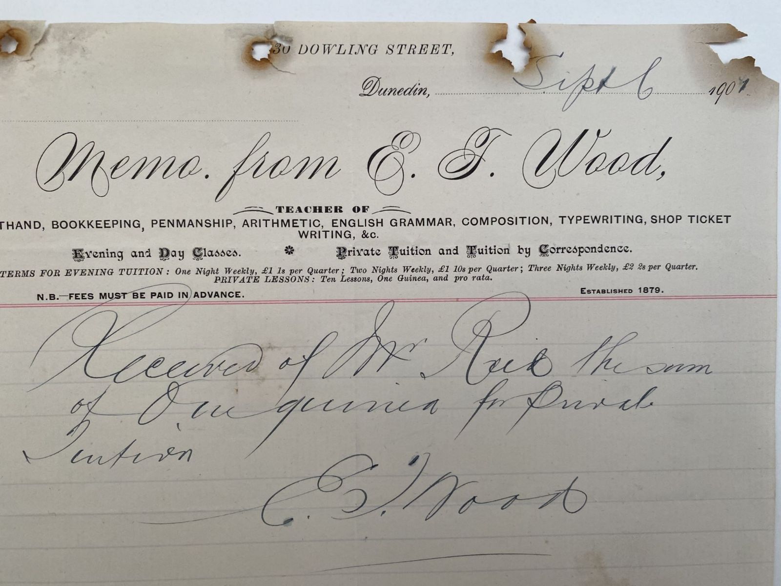 ANTIQUE INVOICE / RECEIPT: E. J. Wood, Dunedin - Teacher 1907