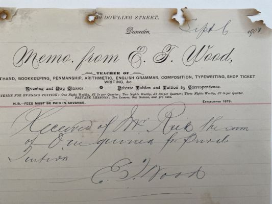 ANTIQUE INVOICE / RECEIPT: E. J. Wood, Dunedin - Teacher 1907 