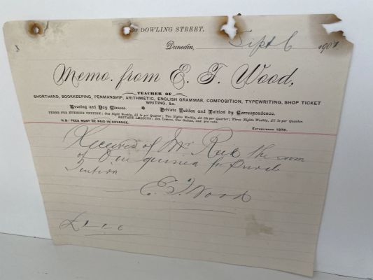 ANTIQUE INVOICE / RECEIPT: E. J. Wood, Dunedin - Teacher 1907