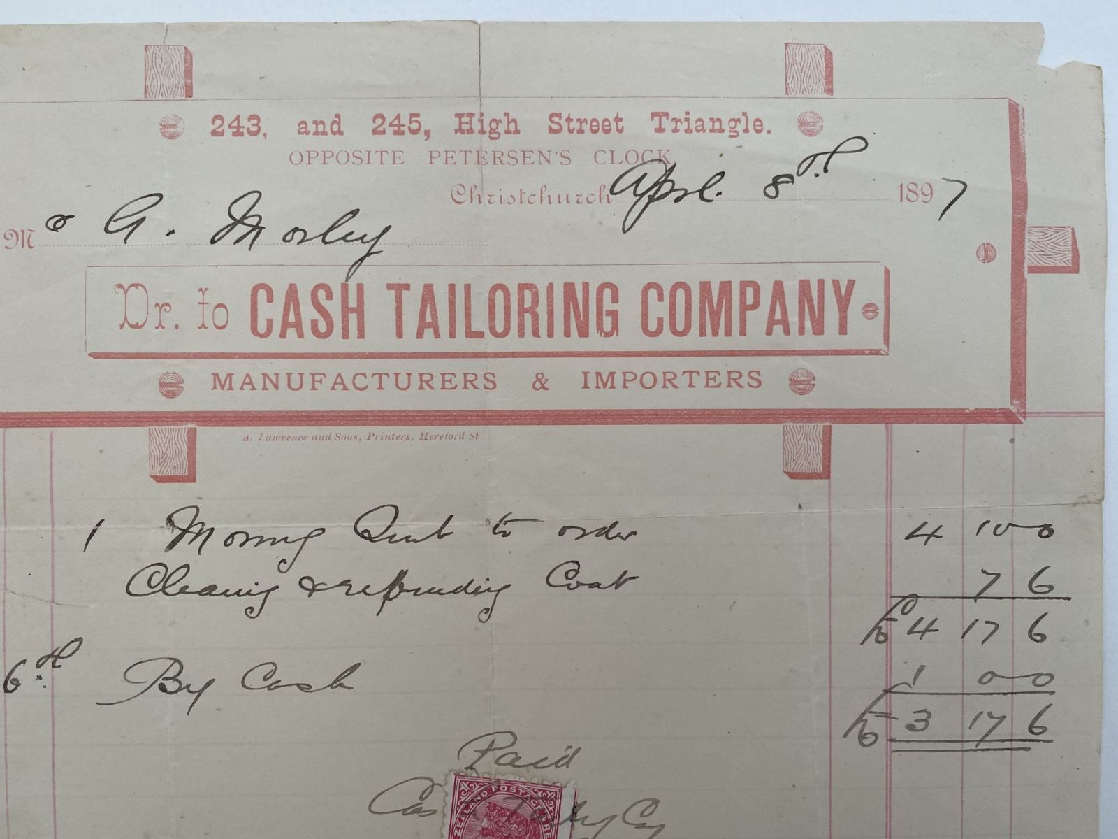 ANTIQUE INVOICE / RECEIPT: Cash Tailoring Company, Christchurch 1897