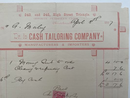 ANTIQUE INVOICE / RECEIPT: Cash Tailoring Company, Christchurch 1897 