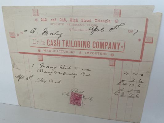 ANTIQUE INVOICE / RECEIPT: Cash Tailoring Company, Christchurch 1897