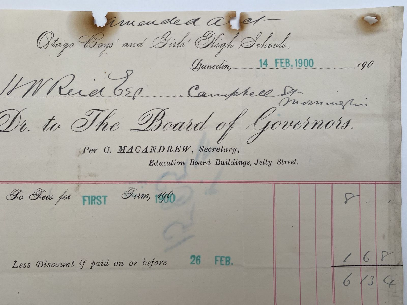 ANTIQUE INVOICE / RECEIPT: Otago Boys & Girls High Schools, Dunedin 1900