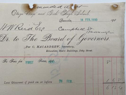 ANTIQUE INVOICE / RECEIPT: Otago Boys & Girls High Schools, Dunedin 1900 