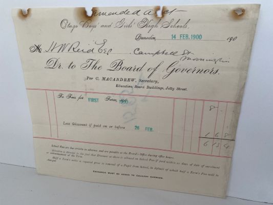 ANTIQUE INVOICE / RECEIPT: Otago Boys & Girls High Schools, Dunedin 1900
