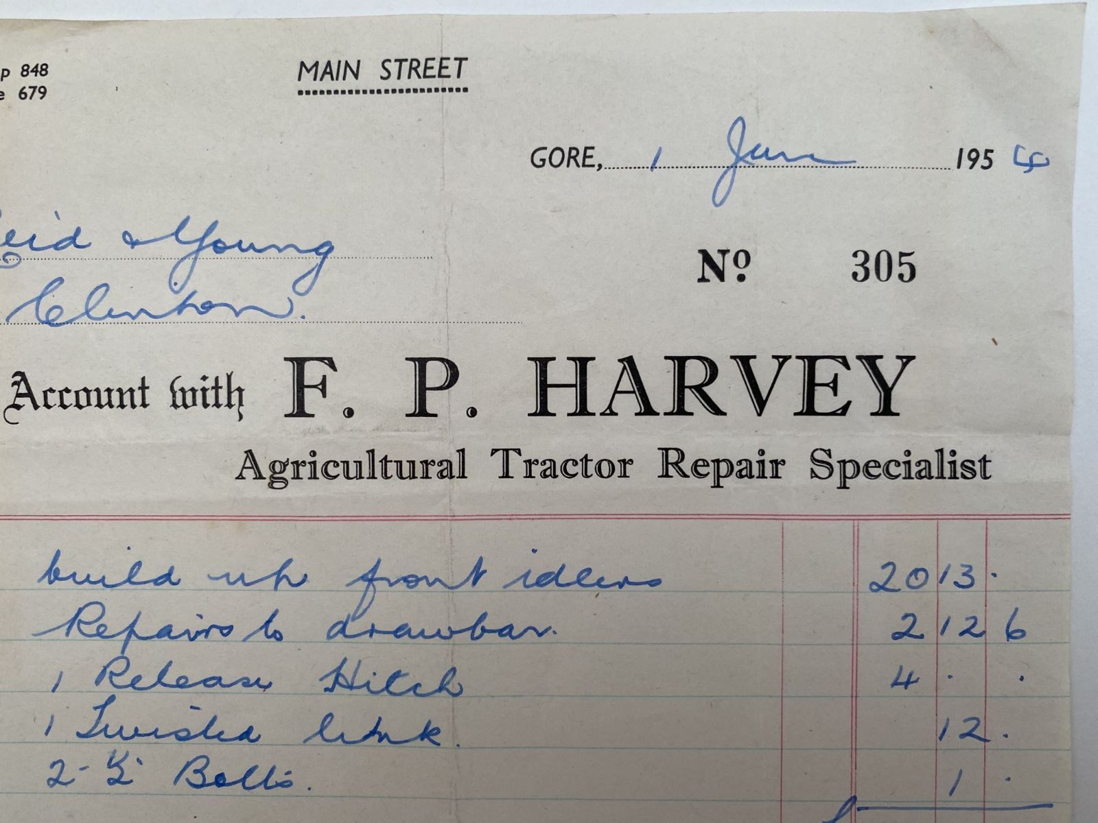 OLD INVOICE / RECEIPT: F. P. Harvey, Gore - Agricultural Tractor Repairs 1954