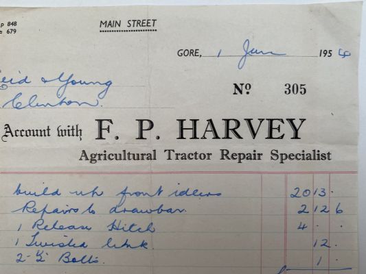 OLD INVOICE / RECEIPT: F. P. Harvey, Gore - Agricultural Tractor Repairs 1954 