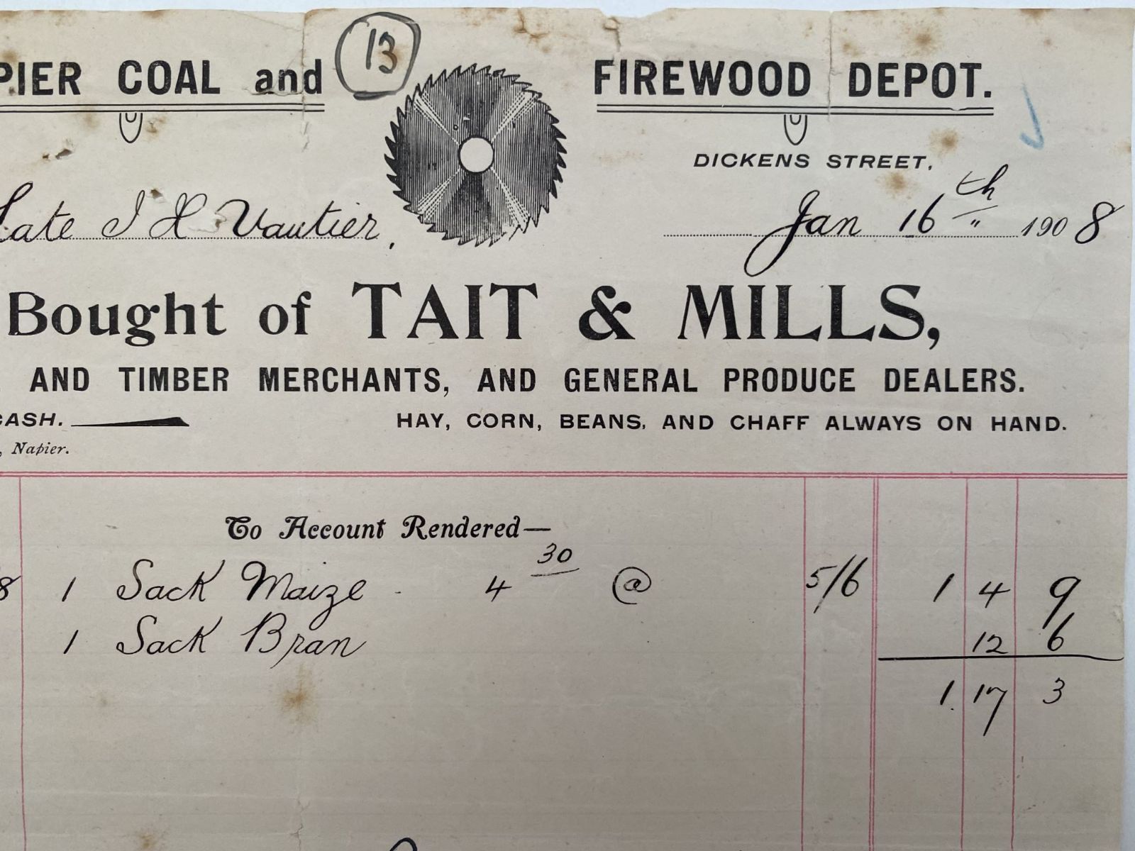ANTIQUE INVOICE / RECEIPT: Tait and Mills, Coal and Timber 1908