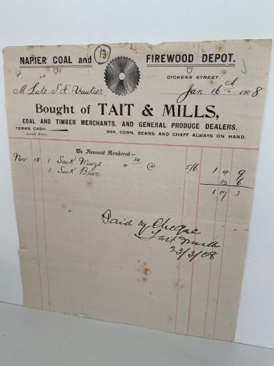 ANTIQUE INVOICE / RECEIPT: Tait and Mills, Coal and Timber 1908