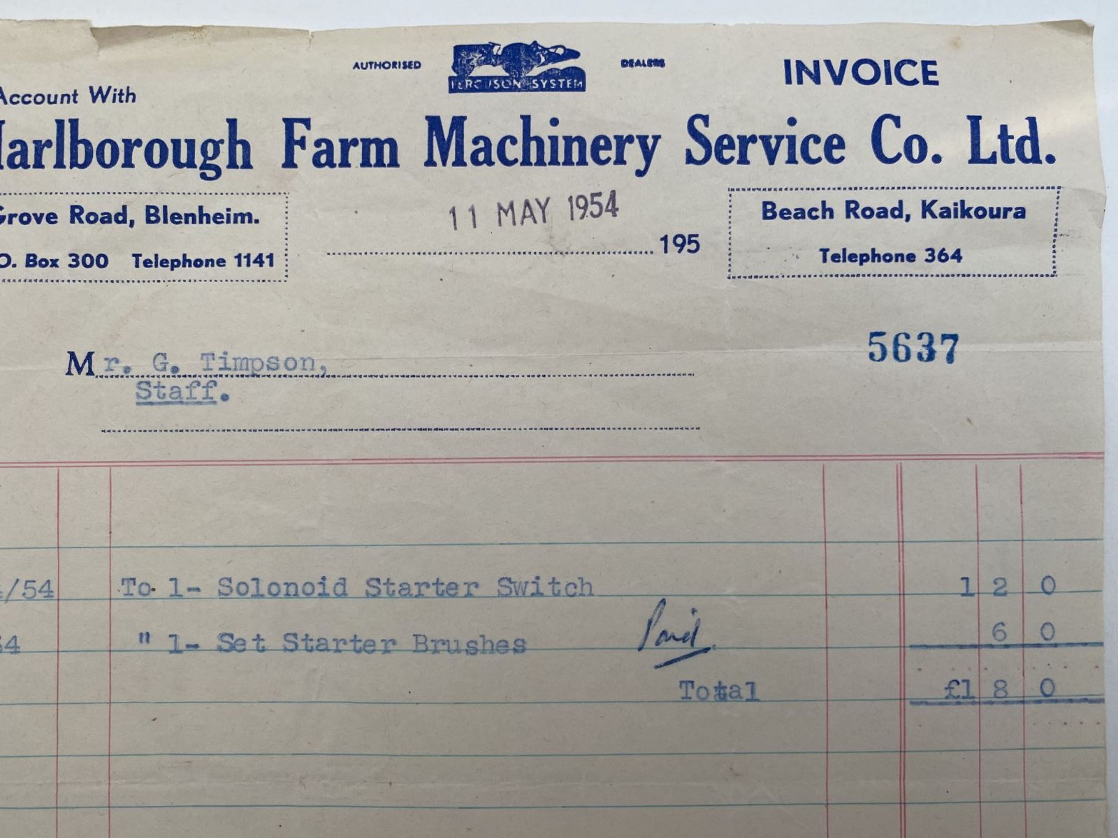 OLD INVOICE / RECEIPT: Marlborough Farm Machinery Service Co, Blenheim 1954