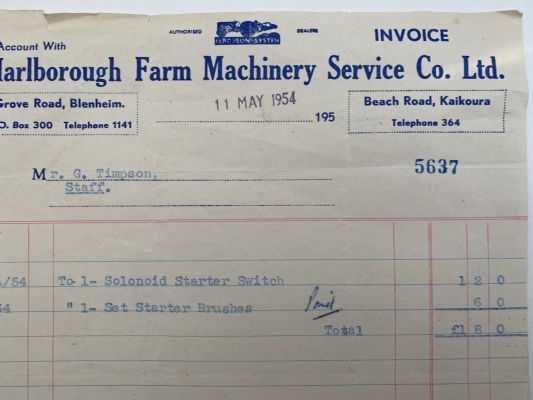 OLD INVOICE / RECEIPT: Marlborough Farm Machinery Service Co, Blenheim 1954 