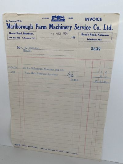 OLD INVOICE / RECEIPT: Marlborough Farm Machinery Service Co, Blenheim 1954